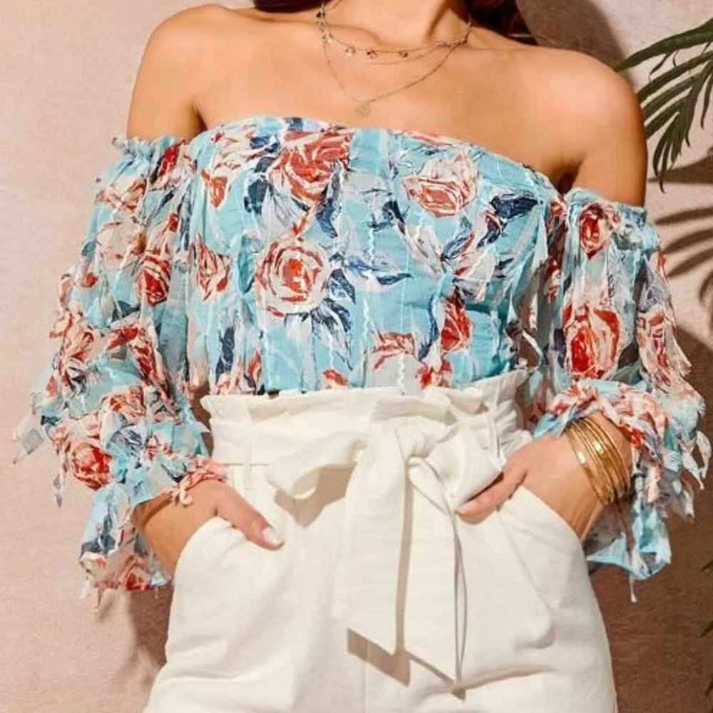Blue Floral Off-Shoulder Top in M, L - Picture 1 of 3